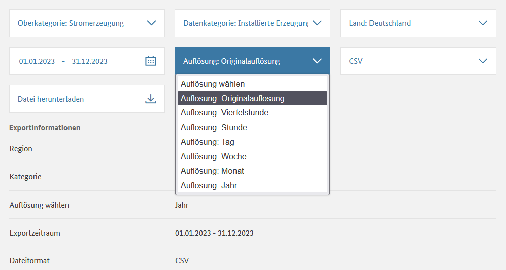 Bild der Eingabemaske für die Datenauswahl.