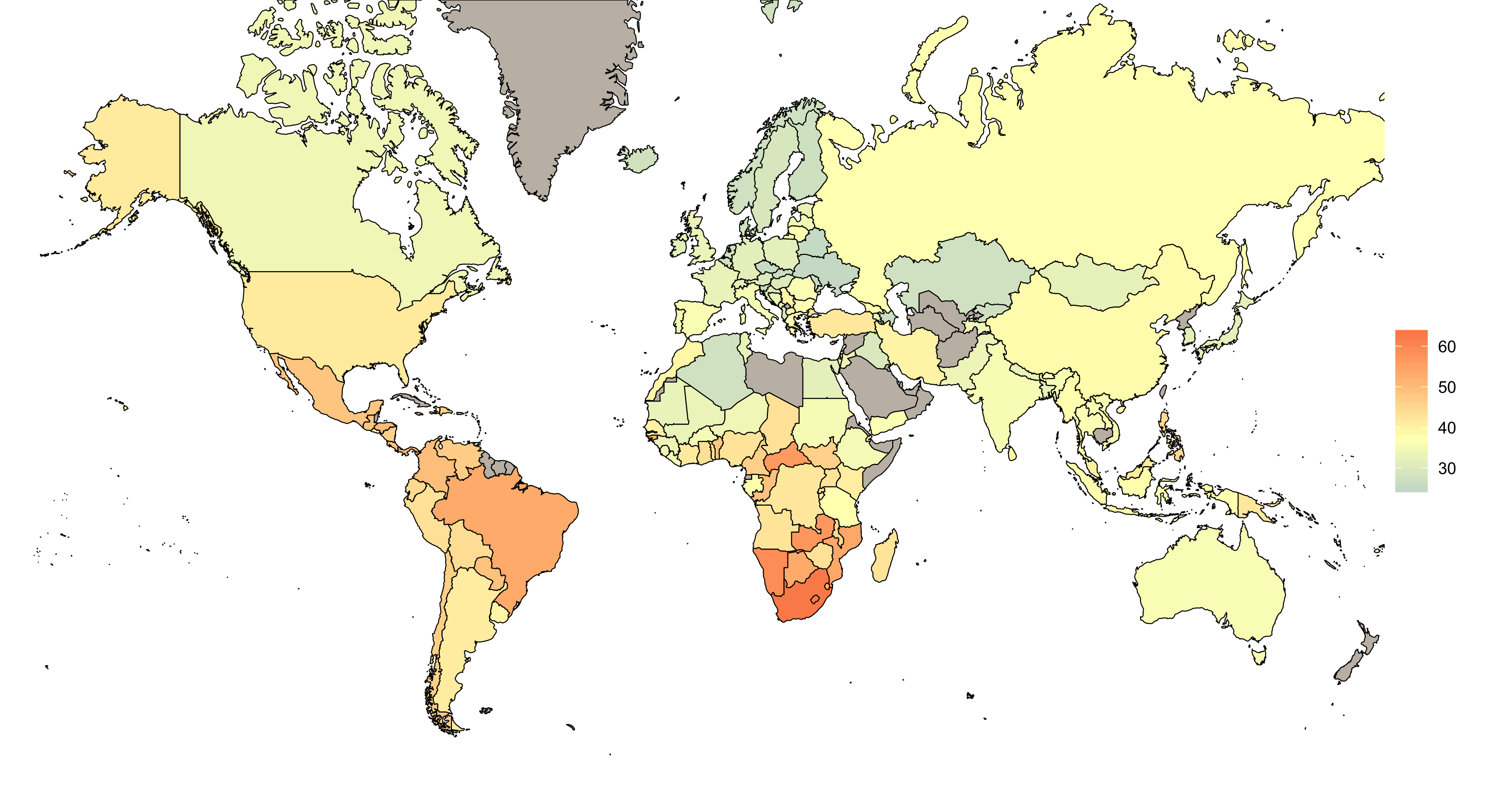 Gini-Koeffizienten der Länder der Welt. In Europa herrscht vergleichsweise hohe Gleichheit der Verteilung des Wohlstandes, wohingegen es in Südamerika und Südafrika sehr ungleich verteilt ist.