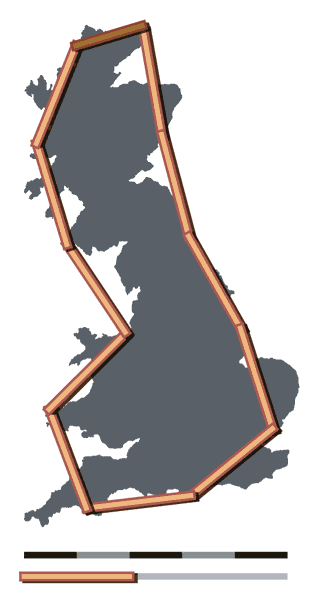 Darstellung der britischen Küstenlinie mit eingezeichneten Messabschnitten.