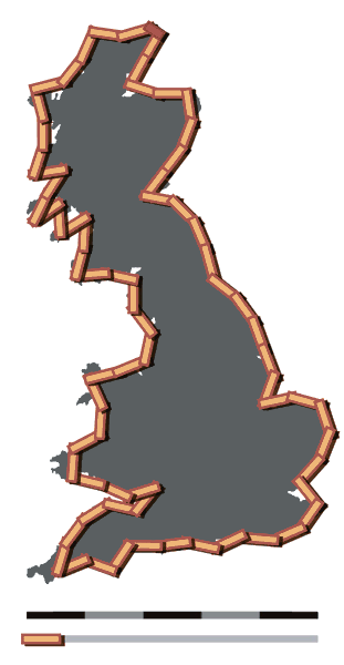 Darstellung der britischen Küstenlinie mit eingezeichneten Messabschnitten.