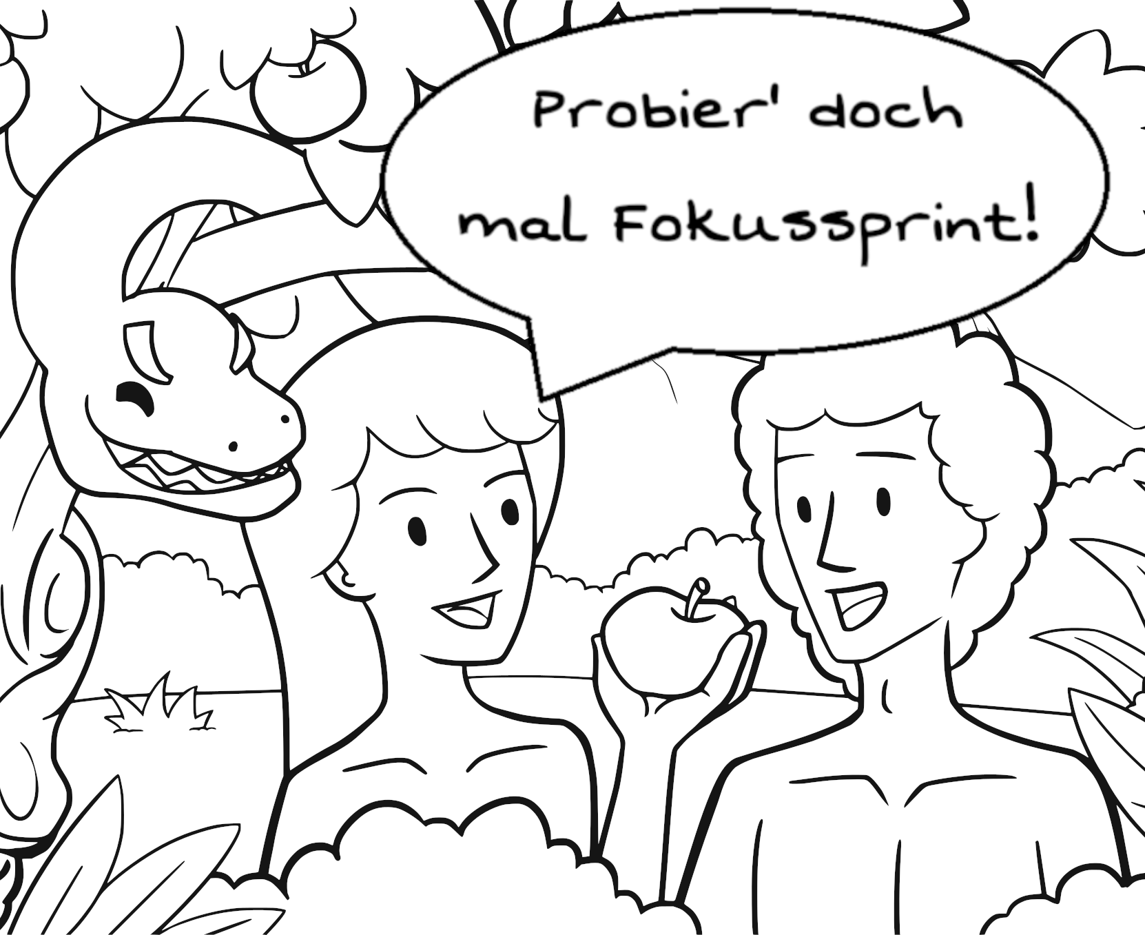 Dekorative Grafik: Die biblische Eva reicht Adam im Paradies einen Apfel. Sie sagt: Probier` doch mal Fokussprint!